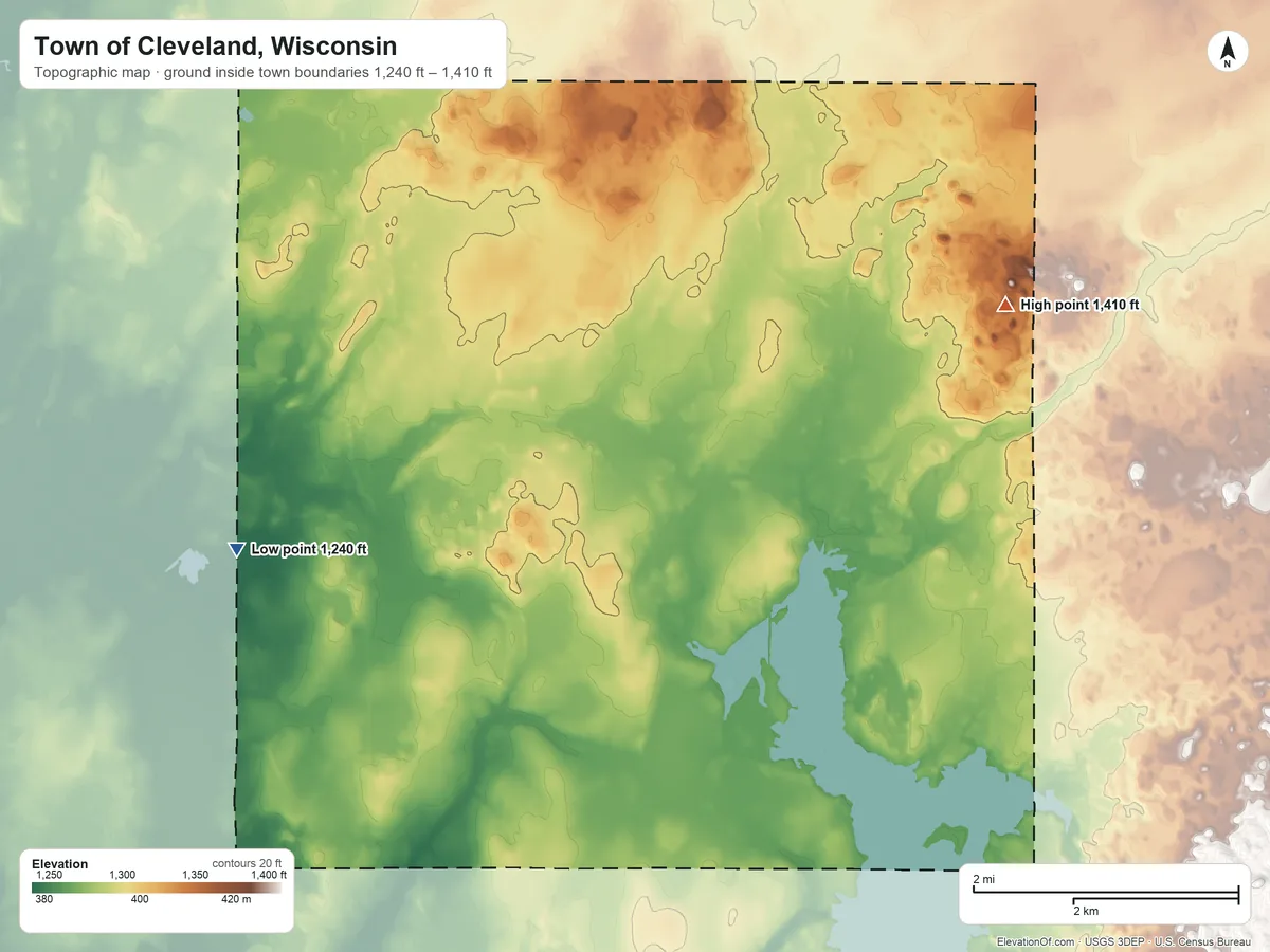 Topographic elevation map of Town of Cleveland, Wisconsin, shaded from 1,240 ft on the west side to 1,410 ft on the northeast side