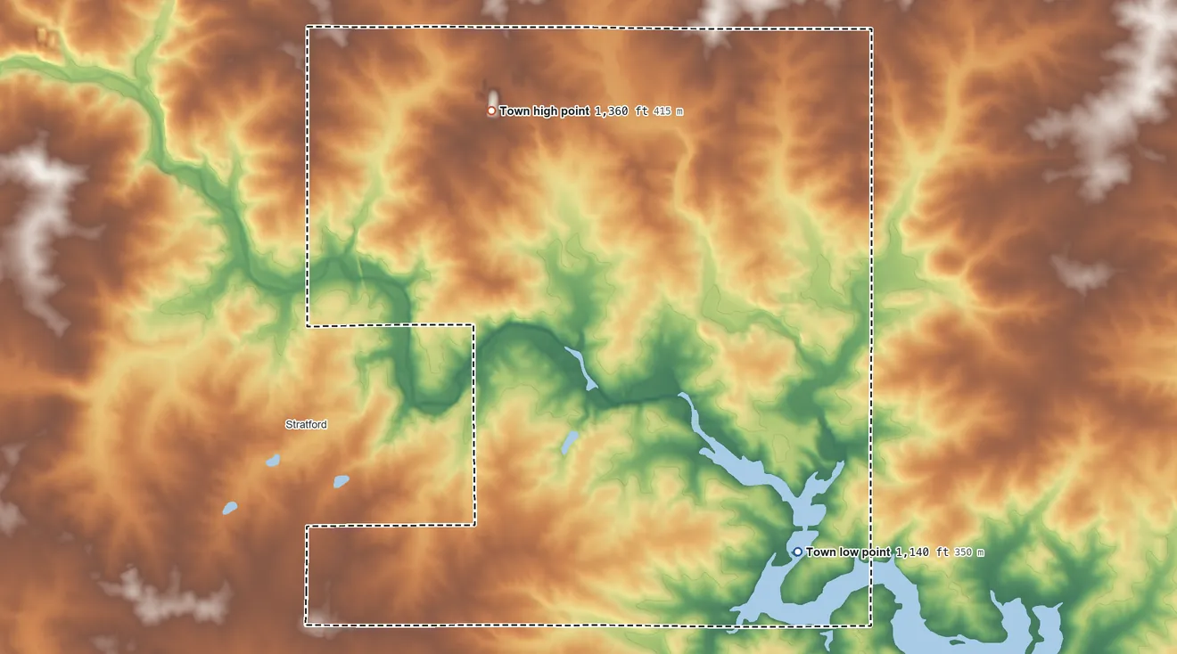 Topographic elevation map of Town of Cleveland, Wisconsin, shaded from 1,140 ft on the southeast side to 1,360 ft on the northwest side