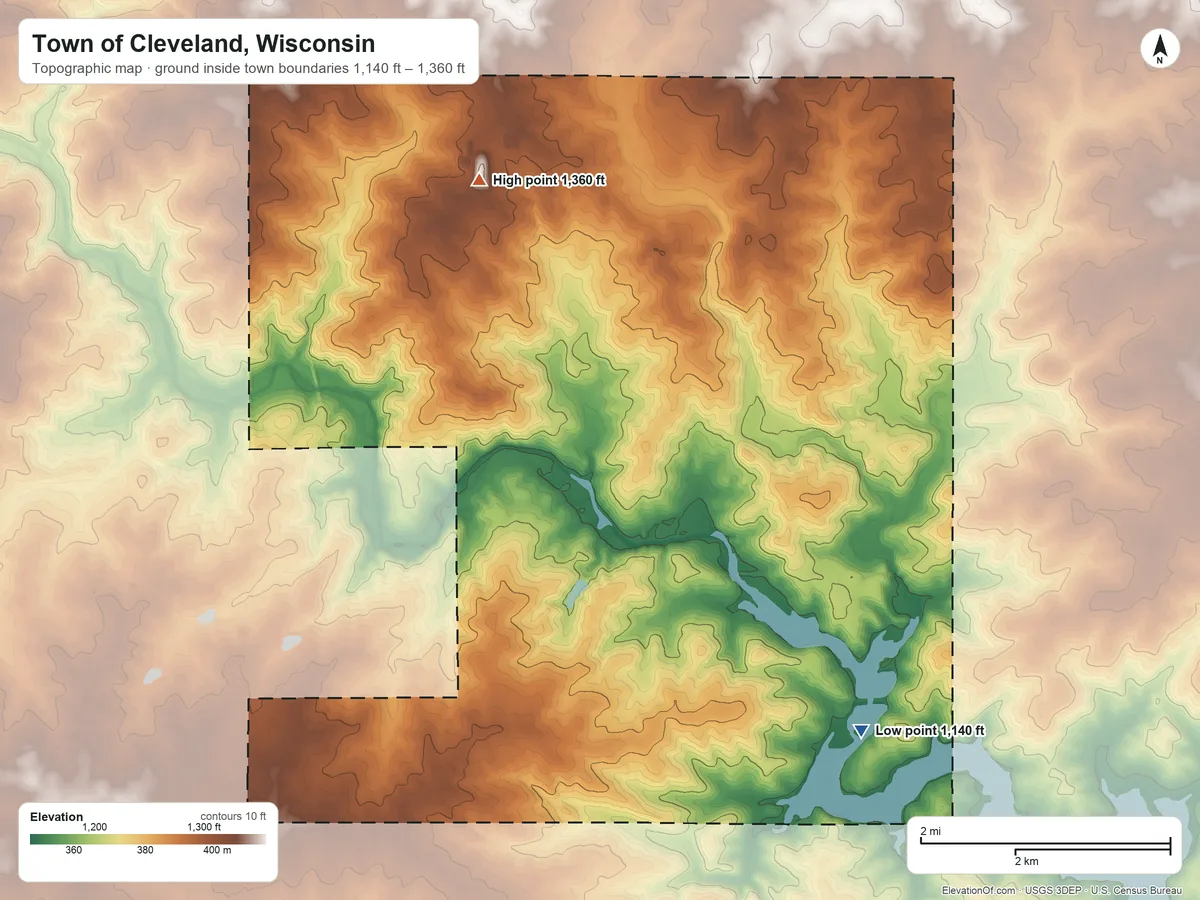 Topographic elevation map of Town of Cleveland, Wisconsin, shaded from 1,140 ft on the southeast side to 1,360 ft on the northwest side
