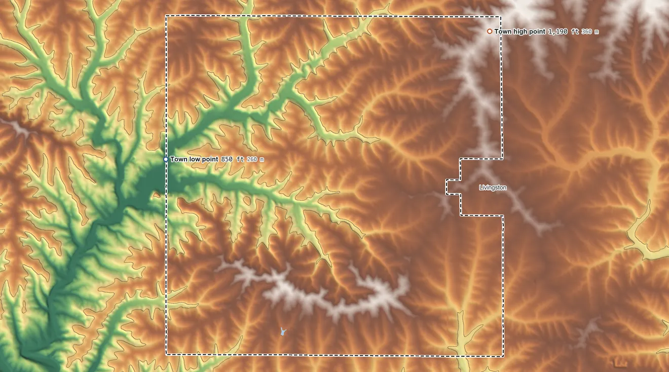Topographic elevation map of Clifton, Grant County, Wisconsin, shaded from 850 ft on the west side to 1,190 ft on the northeast side