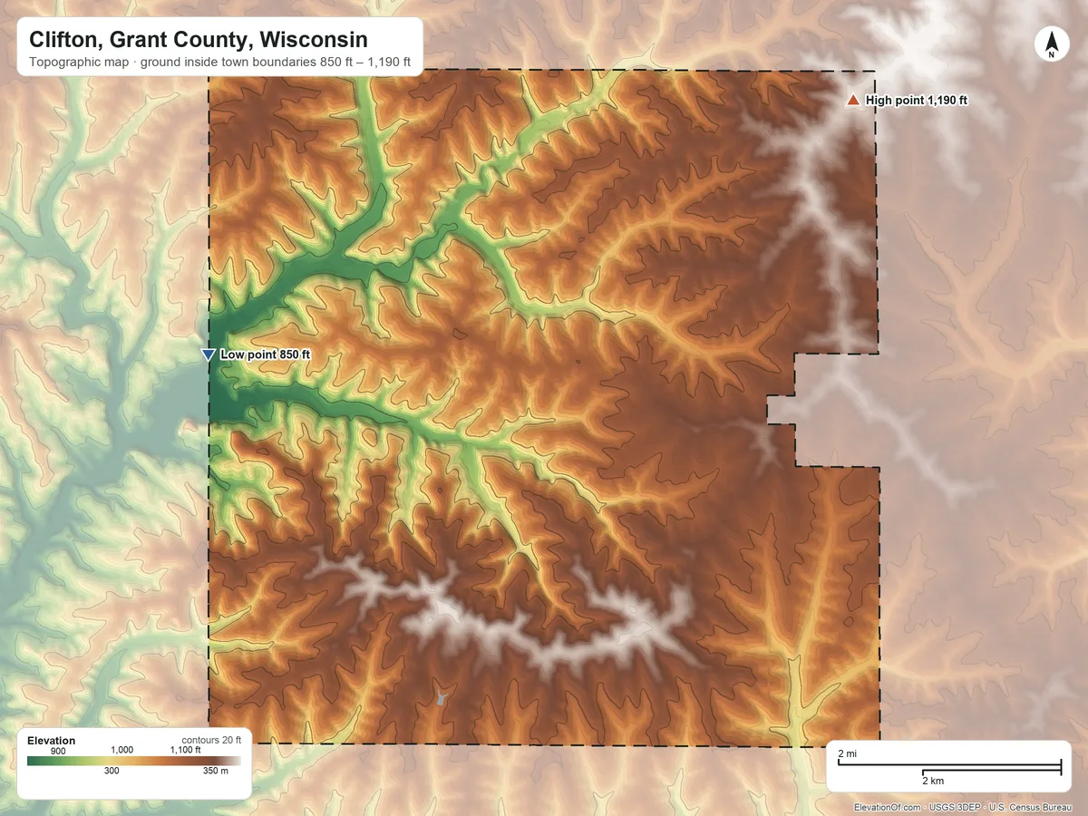 Topographic elevation map of Clifton, Grant County, Wisconsin, shaded from 850 ft on the west side to 1,190 ft on the northeast side