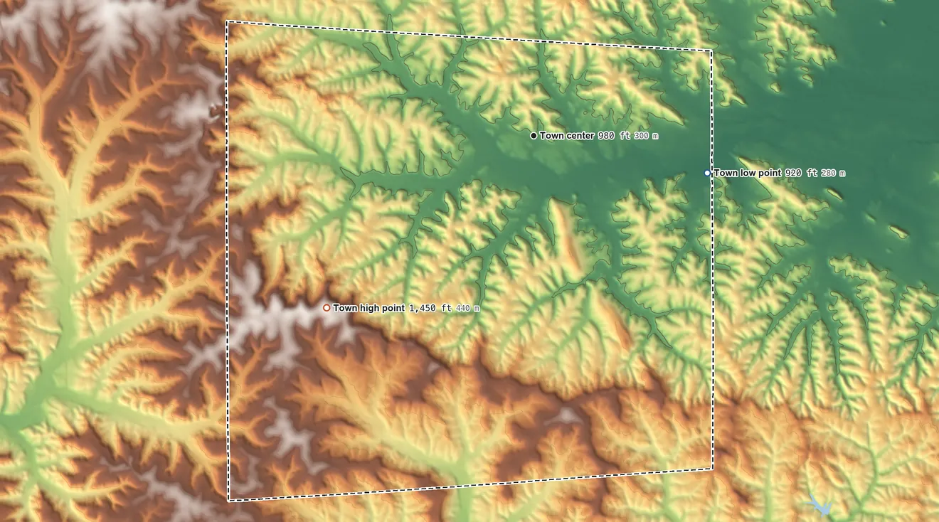 Topographic elevation map of Clifton, Monroe County, Wisconsin, shaded from 920 ft on the east side to 1,450 ft on the southwest side