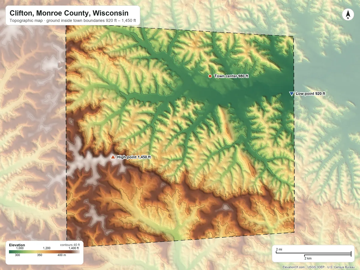 Topographic elevation map of Clifton, Monroe County, Wisconsin, shaded from 920 ft on the east side to 1,450 ft on the southwest side