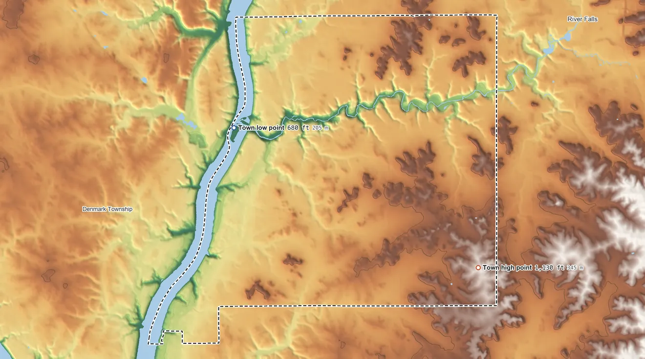 Topographic elevation map of Clifton, Wisconsin, shaded from 680 ft on the northwest side to 1,130 ft on the southeast side