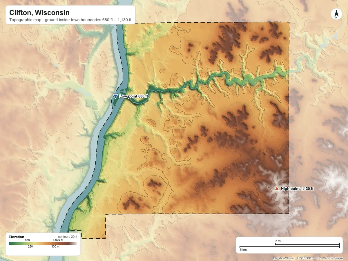 Topographic elevation map of Clifton, Wisconsin, shaded from 680 ft on the northwest side to 1,130 ft on the southeast side
