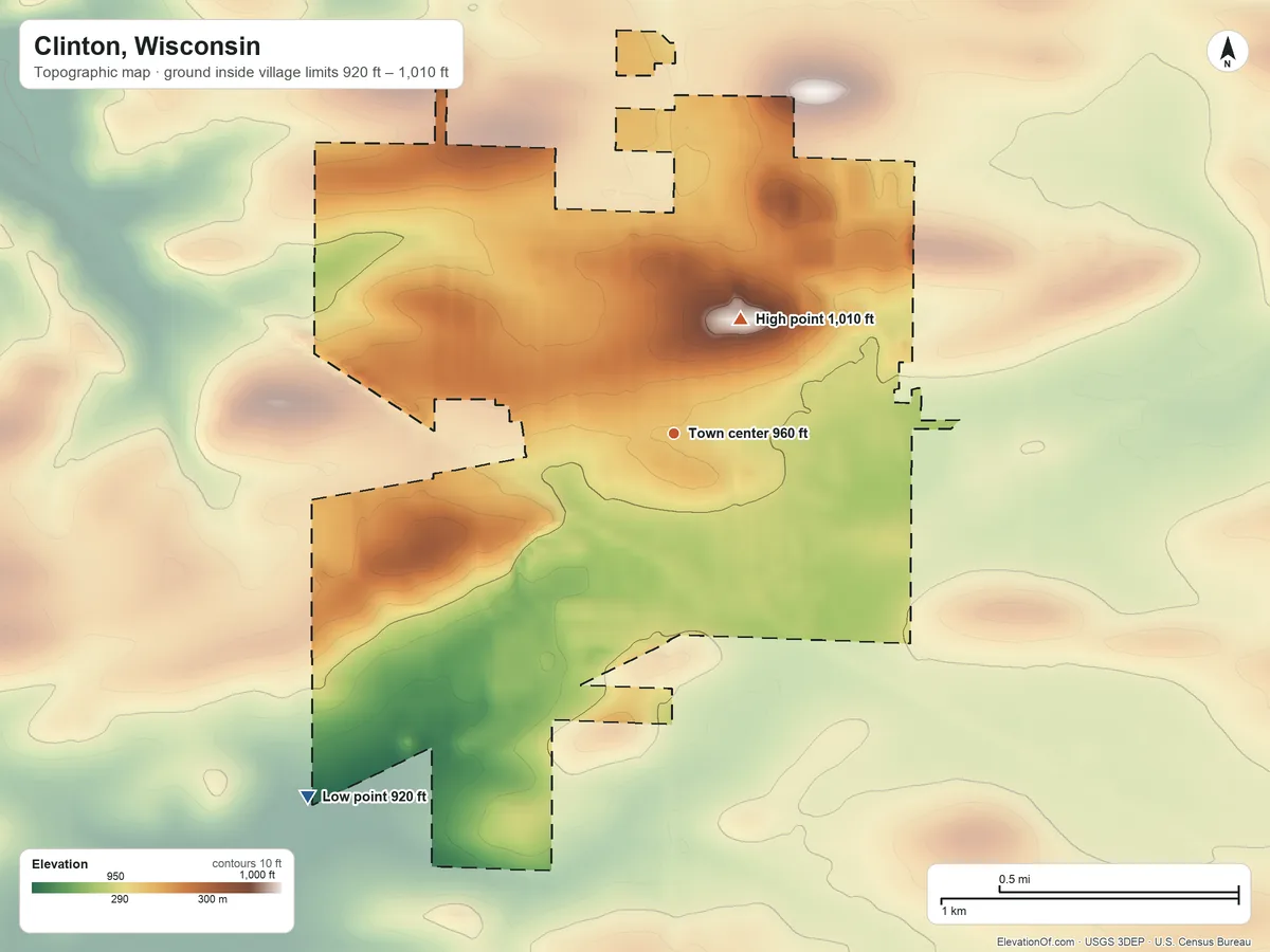 Topographic elevation map of Clinton, Wisconsin, shaded from 920 ft on the southwest side to 1,010 ft on the northeast side