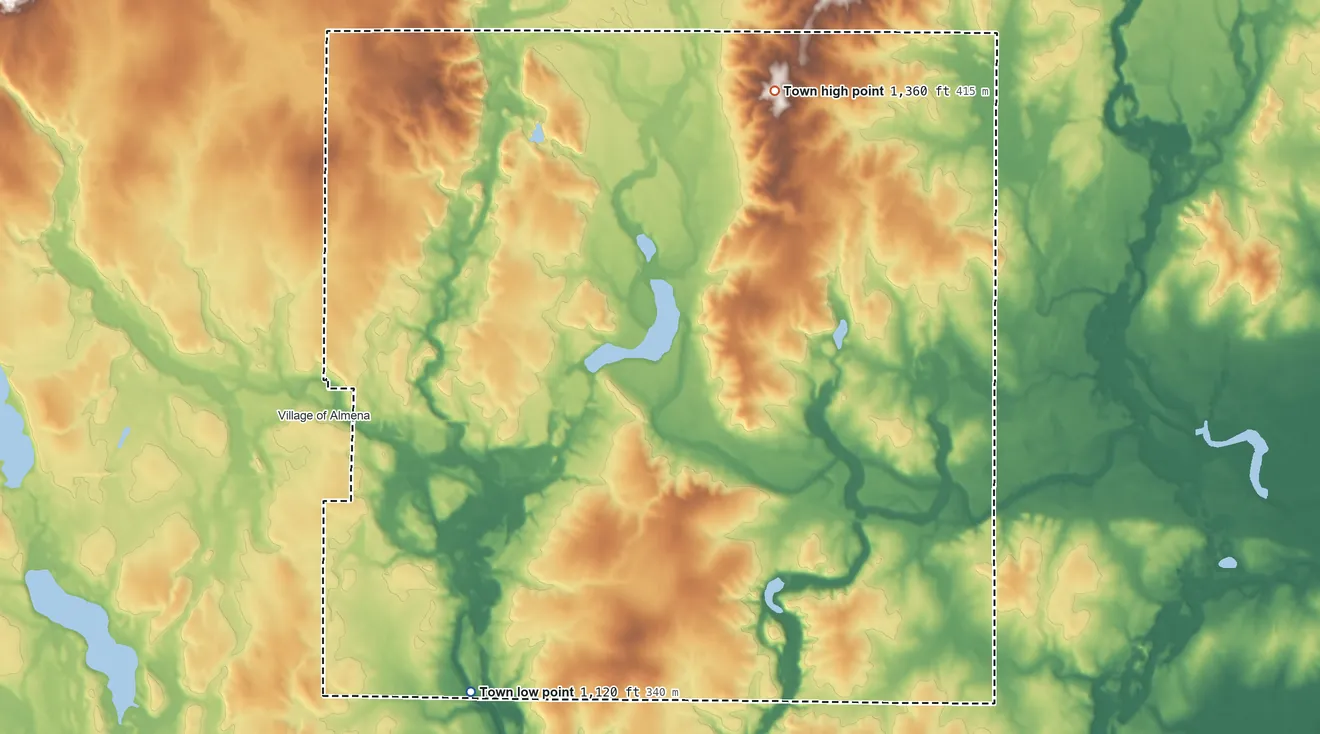 Topographic elevation map of Town of Clinton, Wisconsin, shaded from 1,120 ft on the southwest side to 1,360 ft on the northeast side
