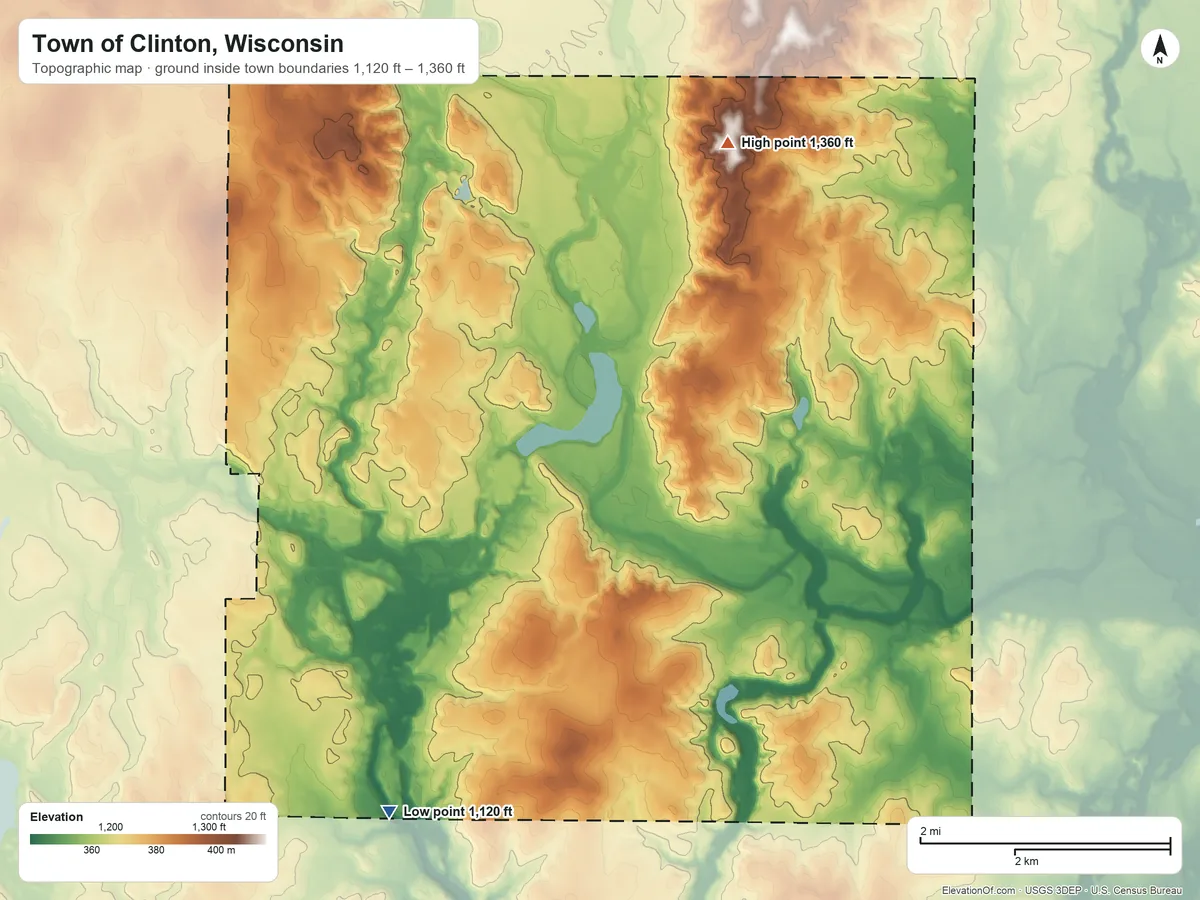 Topographic elevation map of Town of Clinton, Wisconsin, shaded from 1,120 ft on the southwest side to 1,360 ft on the northeast side