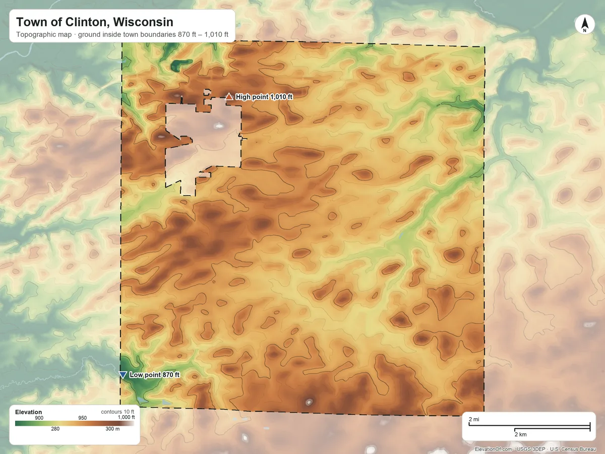 Topographic elevation map of Town of Clinton, Wisconsin, shaded from 870 ft on the southwest side to 1,010 ft on the north side