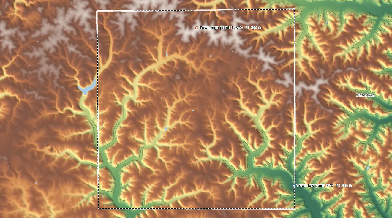 Topographic elevation map of Town of Clinton, Wisconsin, shaded from 870 ft on the southeast side to 1,370 ft on the north side