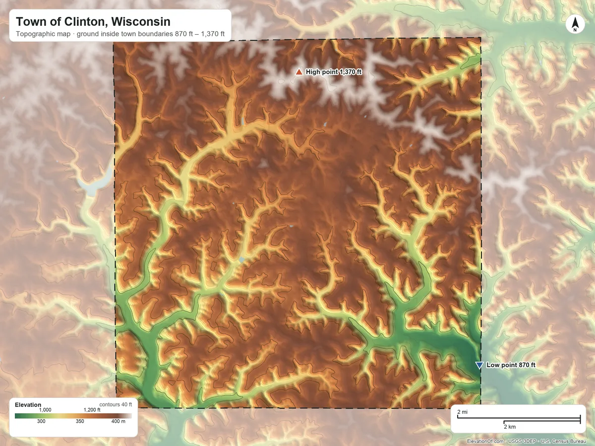 Topographic elevation map of Town of Clinton, Wisconsin, shaded from 870 ft on the southeast side to 1,370 ft on the north side