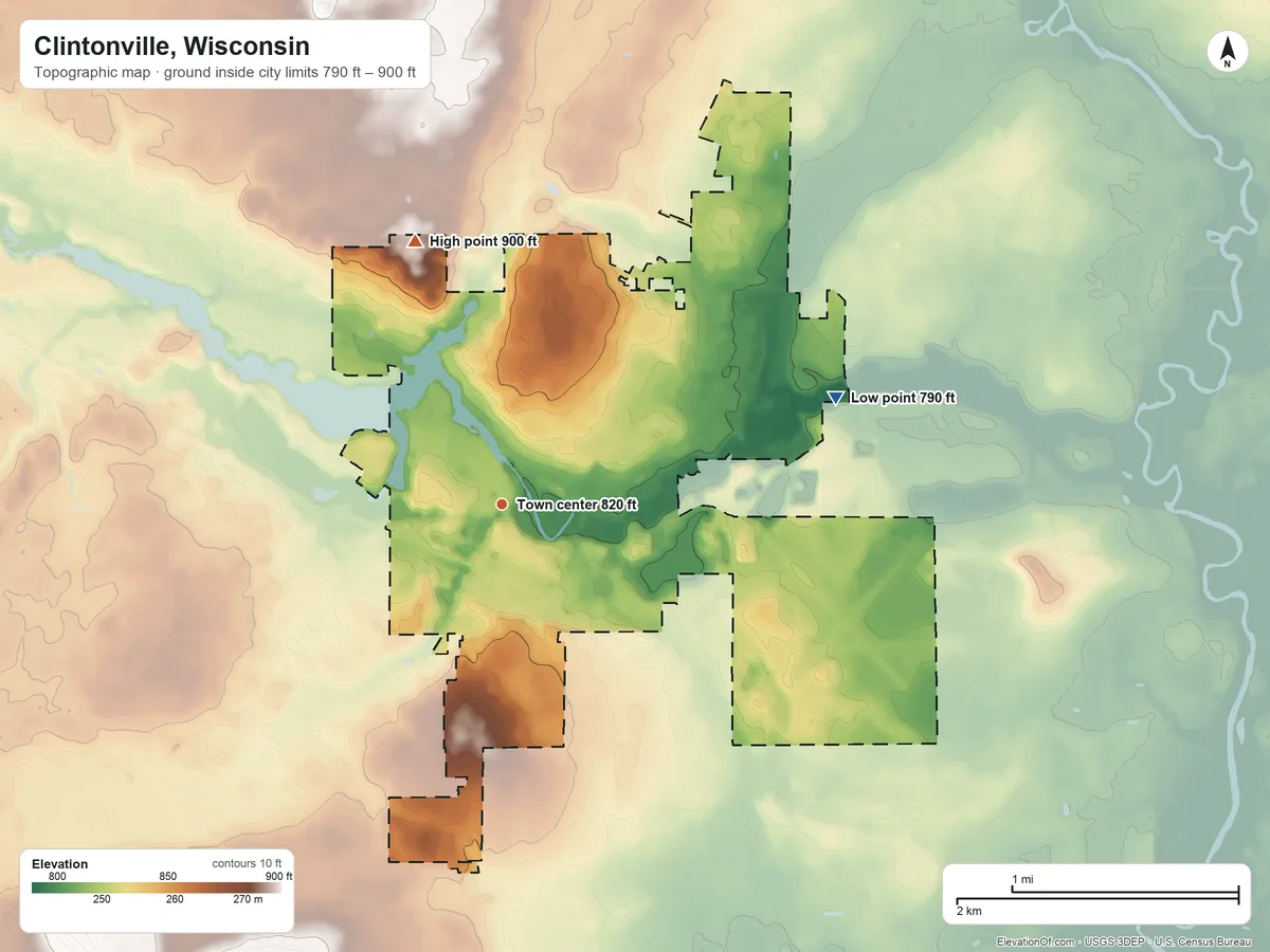 Topographic elevation map of Clintonville, Wisconsin, shaded from 790 ft on the east side to 900 ft on the north side