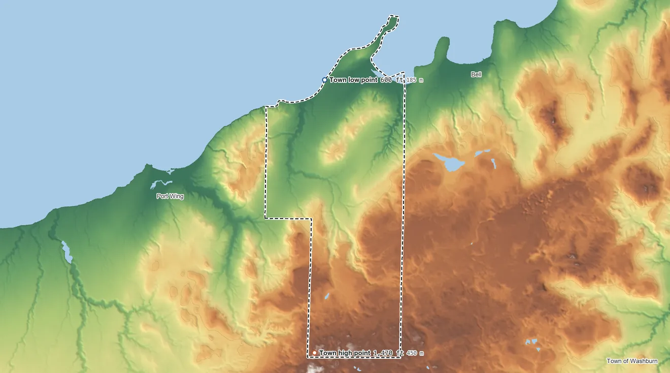 Topographic elevation map of Clover, Wisconsin, shaded from 600 ft on the northwest side to 1,470 ft on the south side