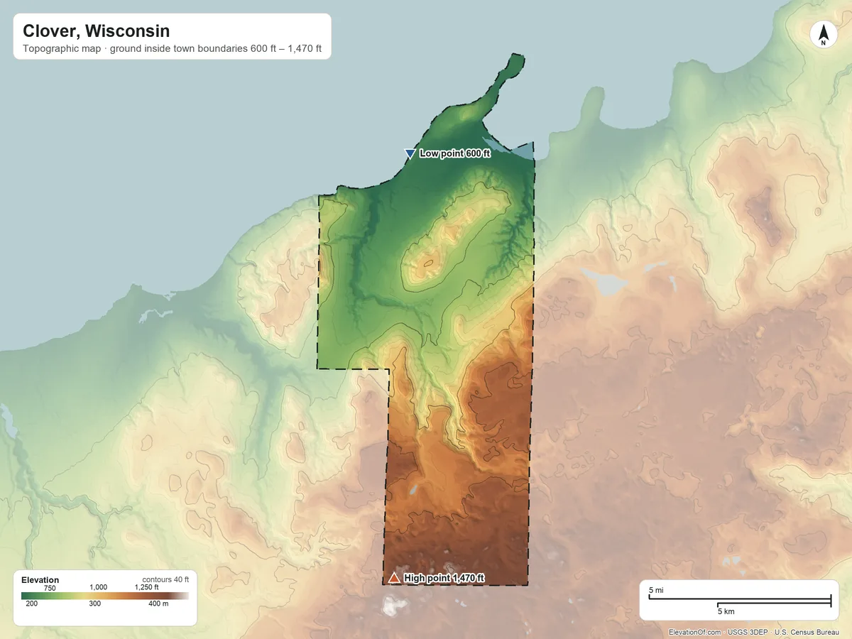 Topographic elevation map of Clover, Wisconsin, shaded from 600 ft on the northwest side to 1,470 ft on the south side