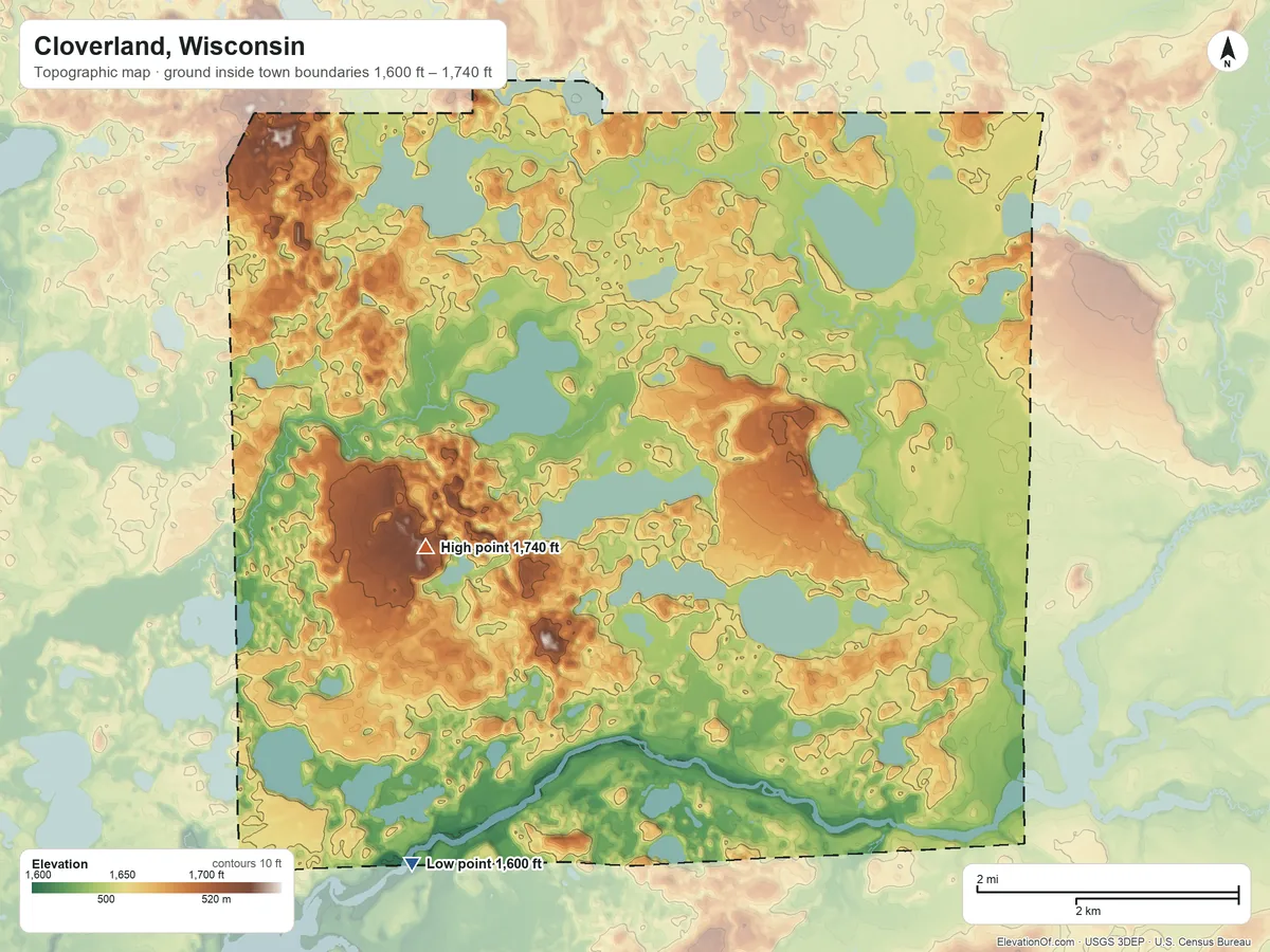 Topographic elevation map of Cloverland, Wisconsin, shaded from 1,600 ft on the southwest side to 1,740 ft on the west side