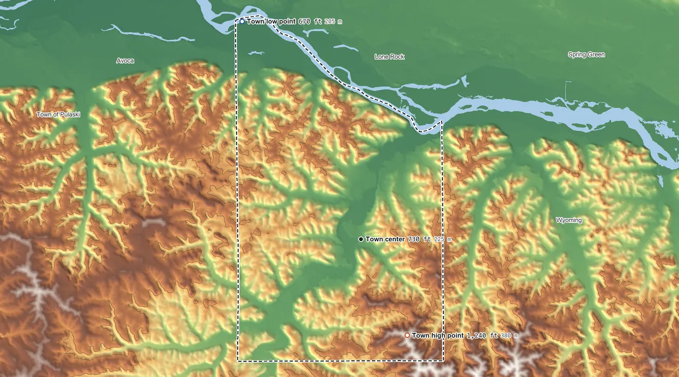 Topographic elevation map of Clyde, Wisconsin, shaded from 670 ft on the northwest side to 1,240 ft on the southeast side