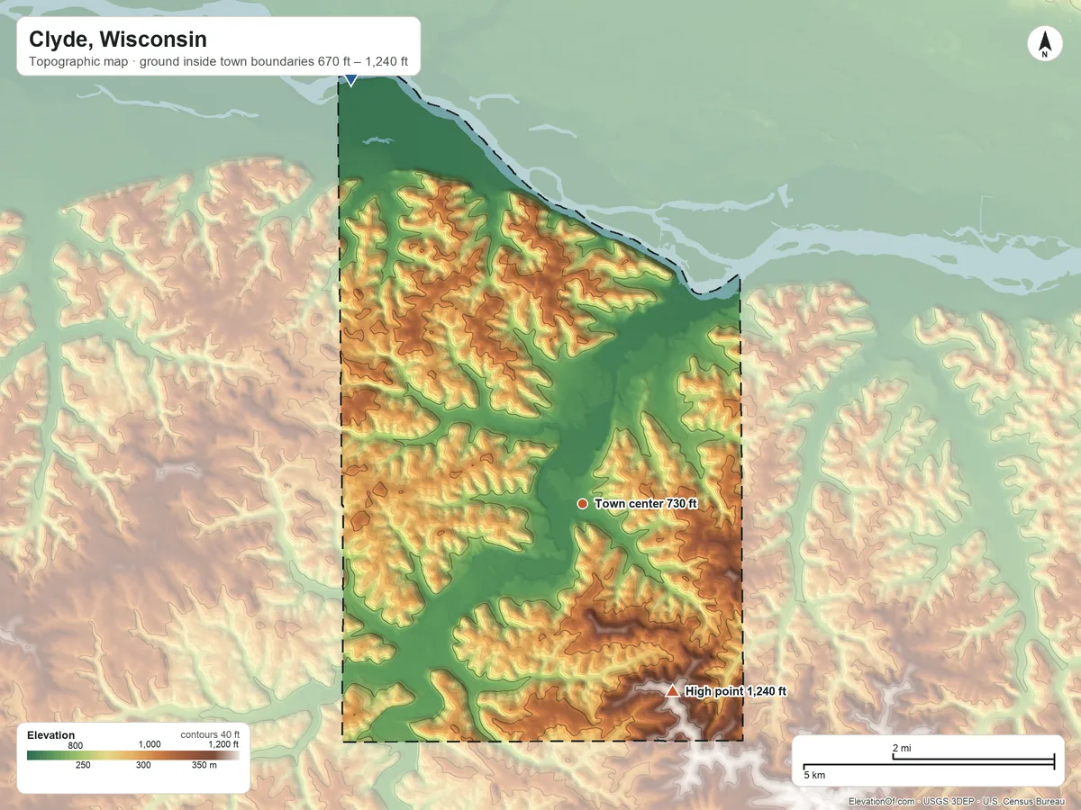 Topographic elevation map of Clyde, Wisconsin, shaded from 670 ft on the northwest side to 1,240 ft on the southeast side