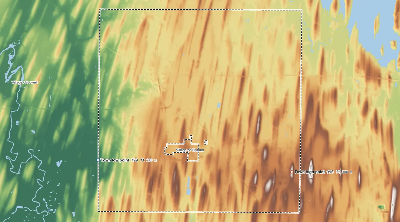 Topographic elevation map of Clyman, Wisconsin, shaded from 790 ft on the southwest side to 990 ft on the southeast side