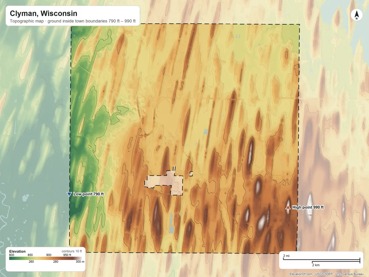 Topographic elevation map of Clyman, Wisconsin, shaded from 790 ft on the southwest side to 990 ft on the southeast side
