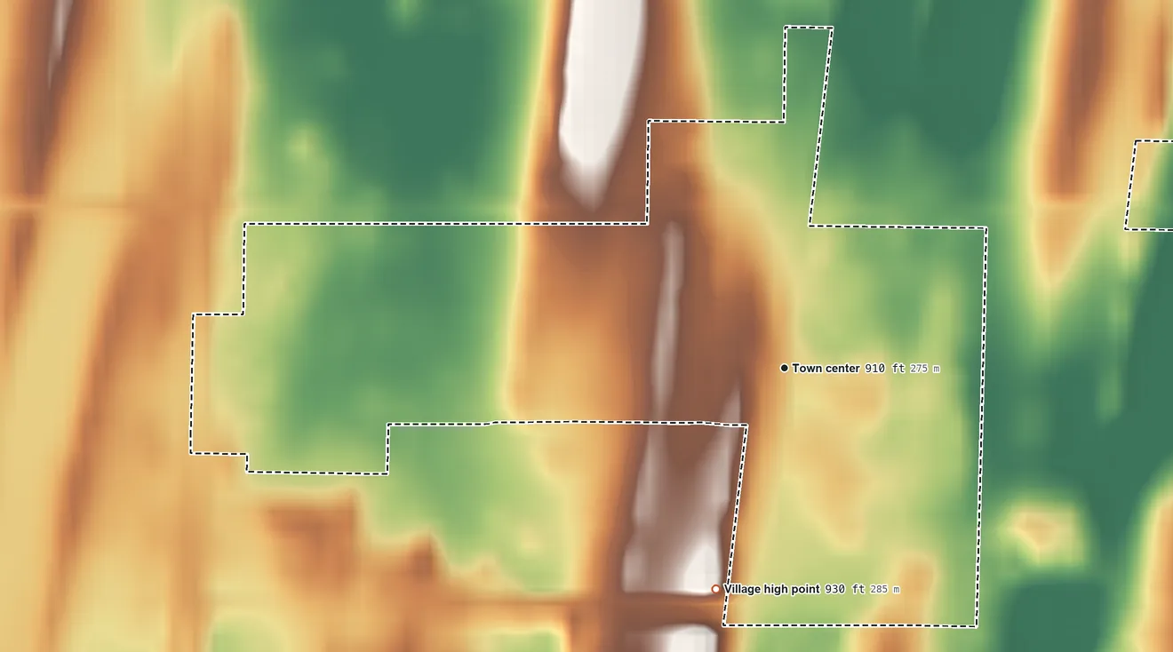 Topographic elevation map of Village of Clyman, Wisconsin, shaded from 880 ft on the east side to 930 ft on the south side