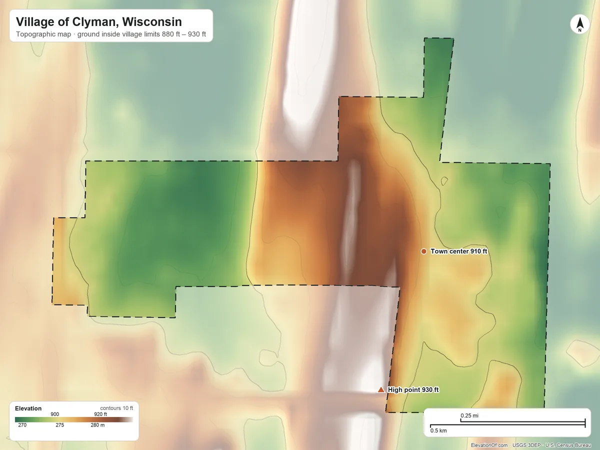 Topographic elevation map of Village of Clyman, Wisconsin, shaded from 880 ft on the east side to 930 ft on the south side