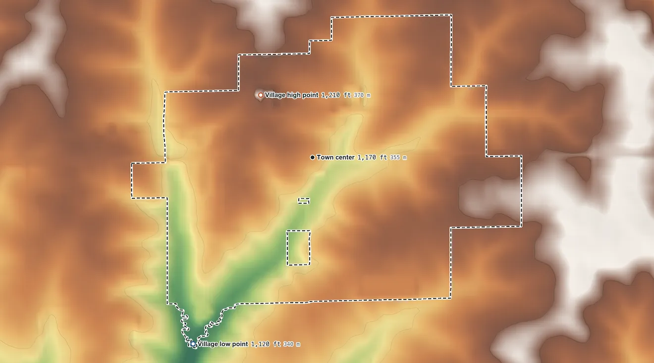 Topographic elevation map of Cobb, Wisconsin, shaded from 1,120 ft on the southwest side to 1,210 ft on the northwest side