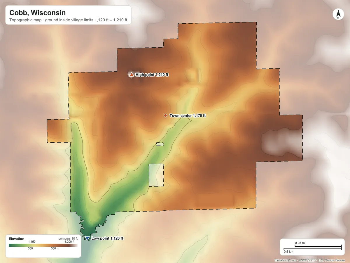 Topographic elevation map of Cobb, Wisconsin, shaded from 1,120 ft on the southwest side to 1,210 ft on the northwest side