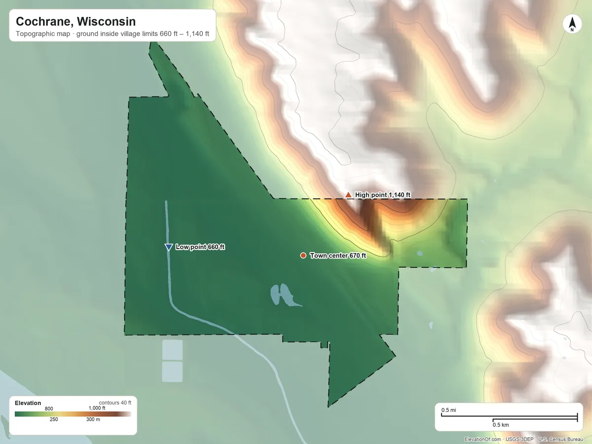 Topographic elevation map of Cochrane, Wisconsin, shaded from 660 ft on the west side to 1,140 ft on the northeast side