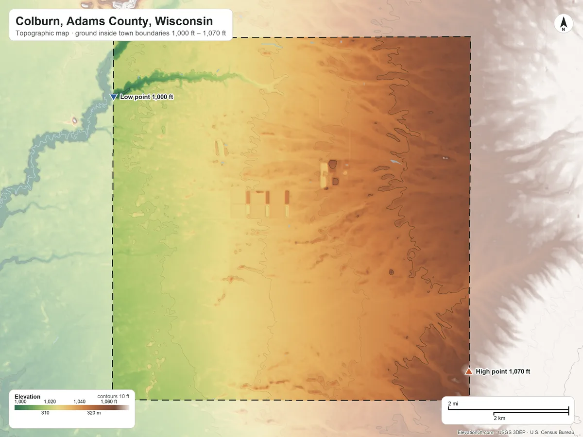 Topographic elevation map of Colburn, Adams County, Wisconsin, shaded from 1,000 ft on the northwest side to 1,070 ft on the southeast side