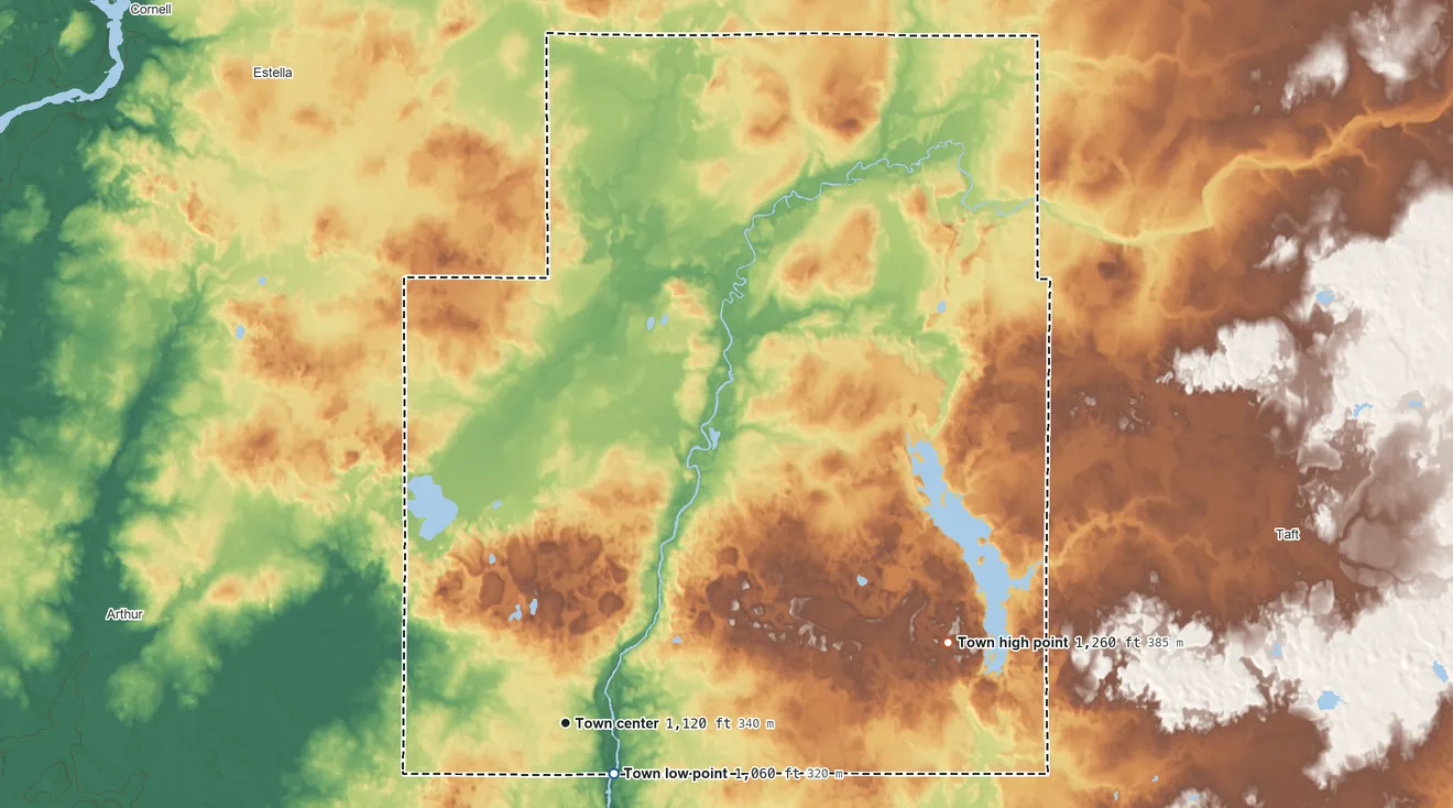 Topographic elevation map of Colburn, Wisconsin, shaded from 1,060 ft near the middle to 1,260 ft on the east side
