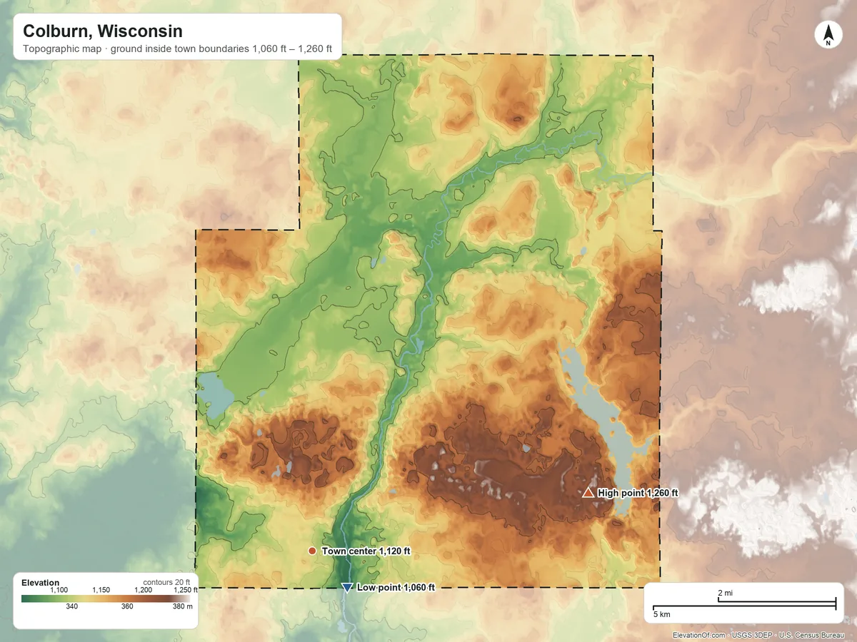Topographic elevation map of Colburn, Wisconsin, shaded from 1,060 ft near the middle to 1,260 ft on the east side