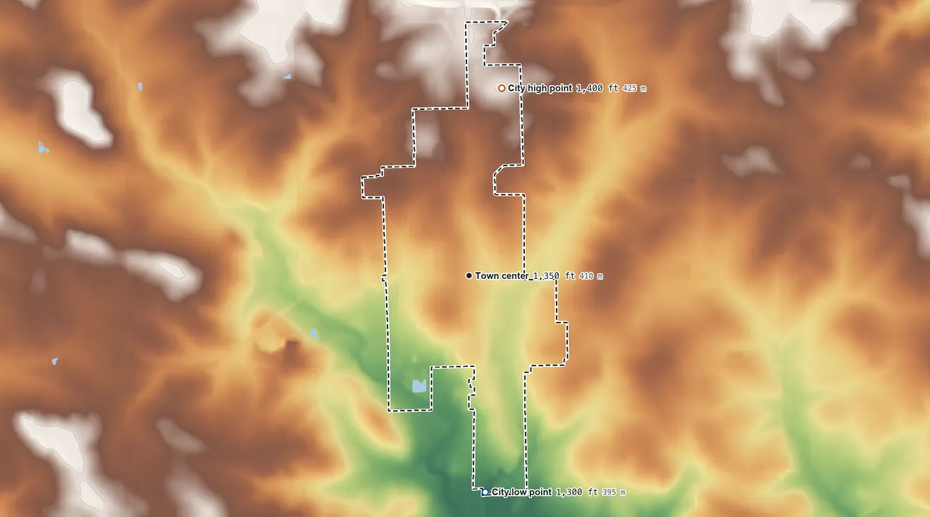 Topographic elevation map of Colby, Wisconsin, shaded from 1,300 ft on the south side to 1,400 ft on the north side