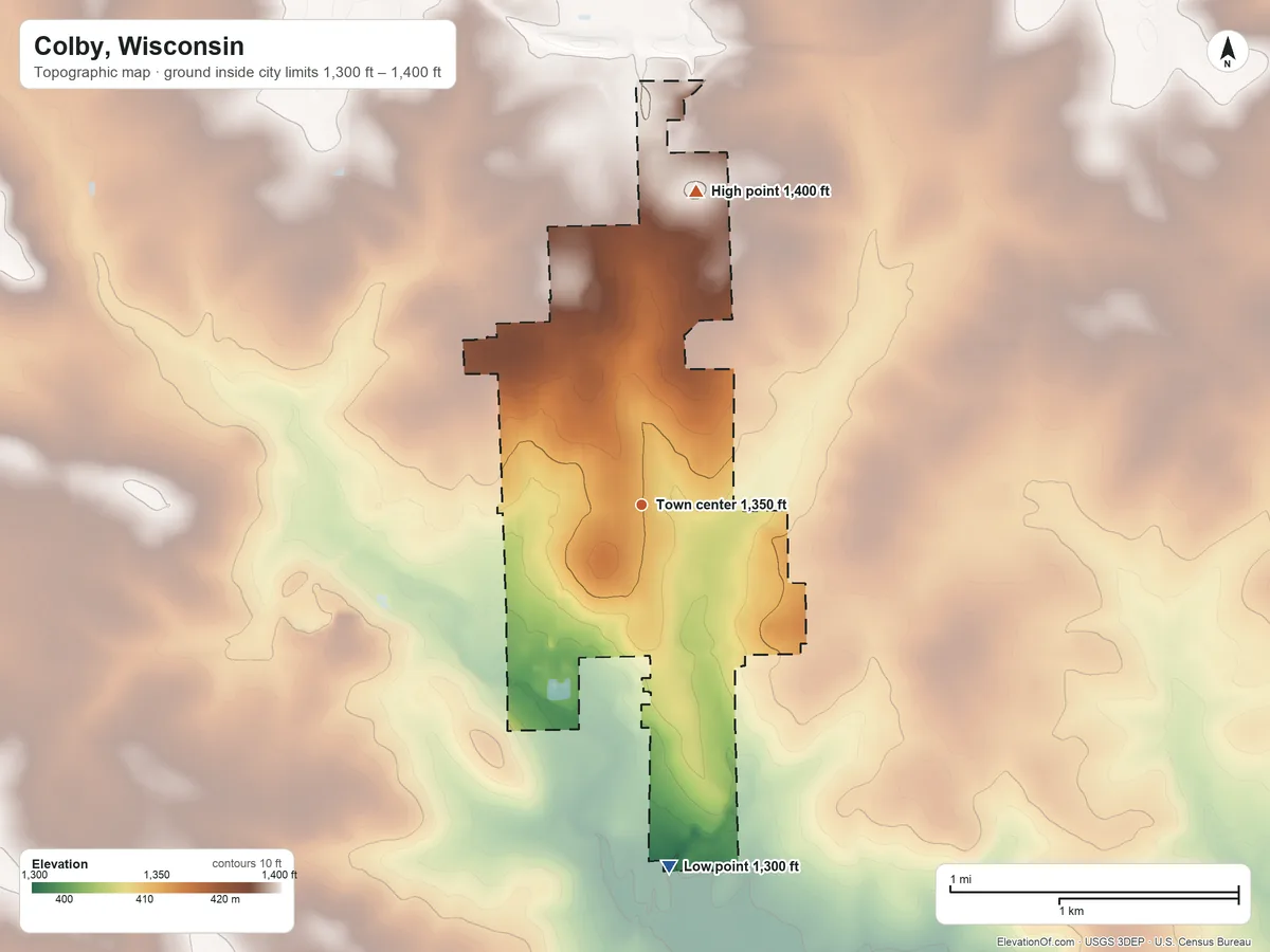 Topographic elevation map of Colby, Wisconsin, shaded from 1,300 ft on the south side to 1,400 ft on the north side