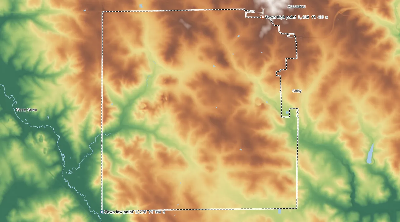 Topographic elevation map of Town of Colby, Wisconsin, shaded from 1,270 ft on the southwest side to 1,430 ft on the northeast side
