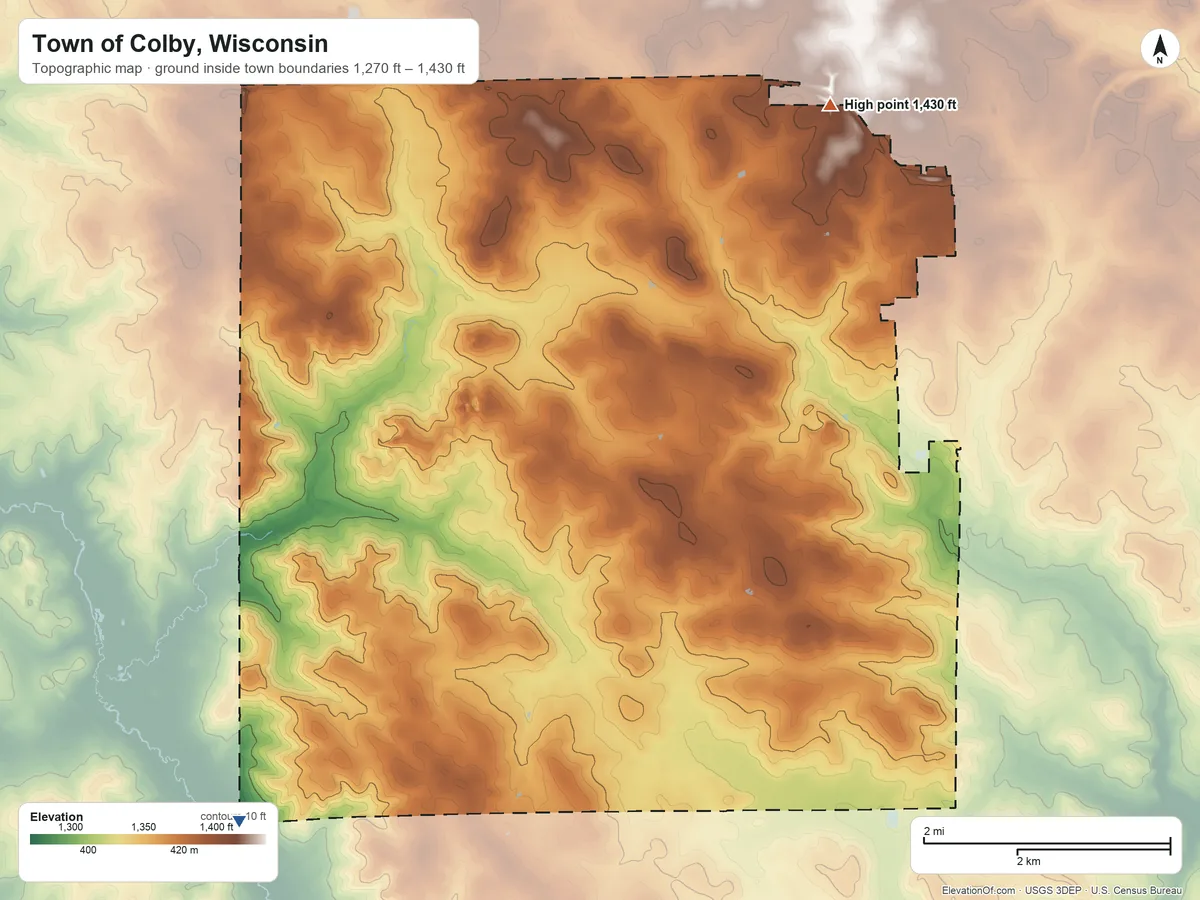 Topographic elevation map of Town of Colby, Wisconsin, shaded from 1,270 ft on the southwest side to 1,430 ft on the northeast side