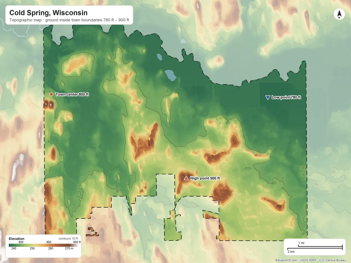Topographic elevation map of Cold Spring, Wisconsin, shaded from 780 ft on the east side to 900 ft on the southeast side