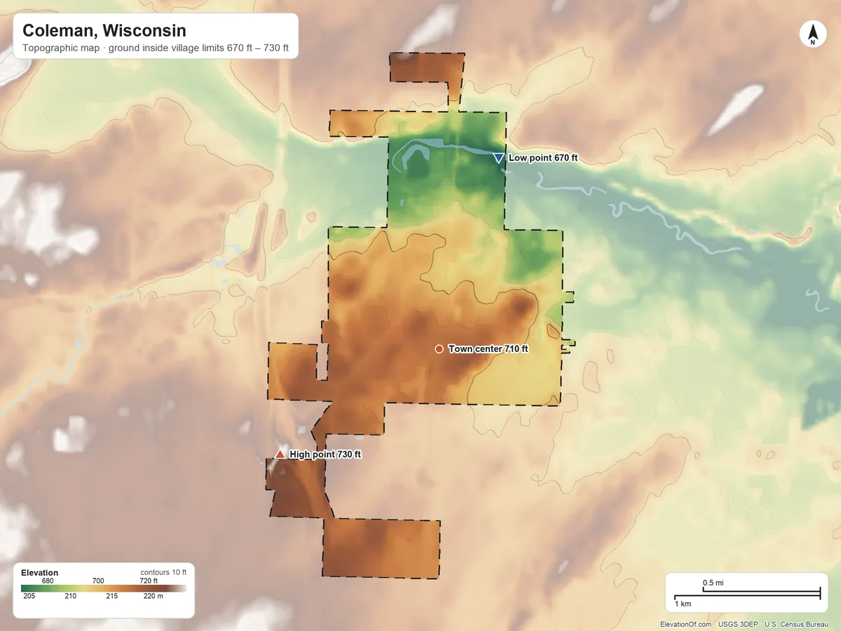 Topographic elevation map of Coleman, Wisconsin, shaded from 670 ft on the north side to 730 ft on the southwest side