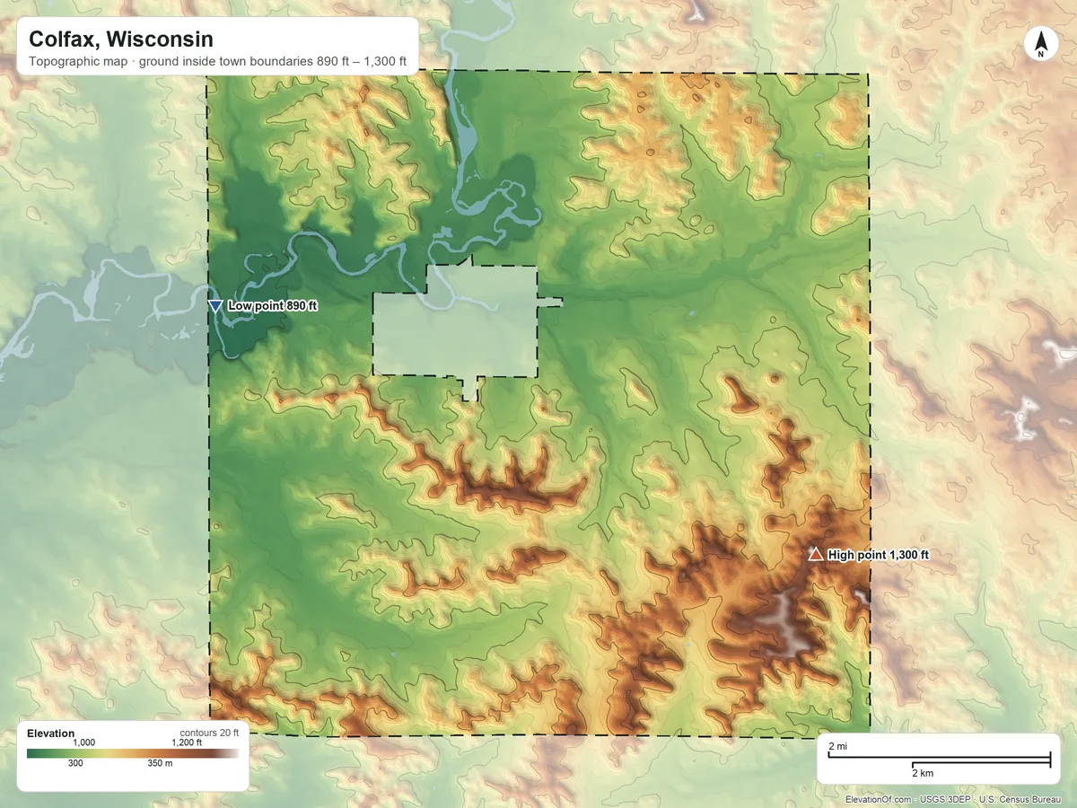 Topographic elevation map of Colfax, Wisconsin, shaded from 890 ft on the northwest side to 1,300 ft on the east side