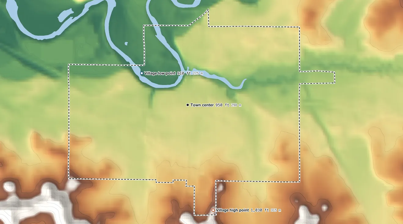 Topographic elevation map of Village of Colfax, Wisconsin, shaded from 910 ft on the northwest side to 1,030 ft on the south side