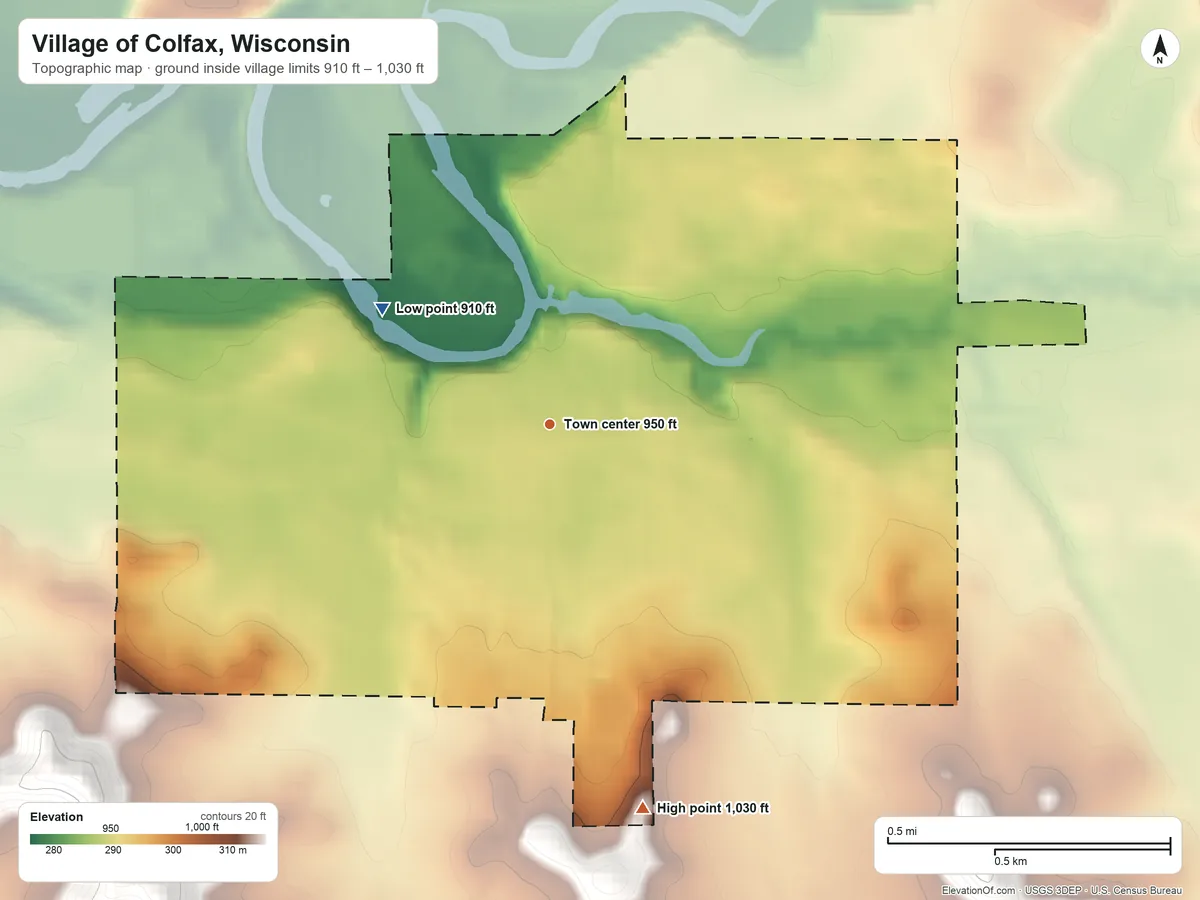 Topographic elevation map of Village of Colfax, Wisconsin, shaded from 910 ft on the northwest side to 1,030 ft on the south side