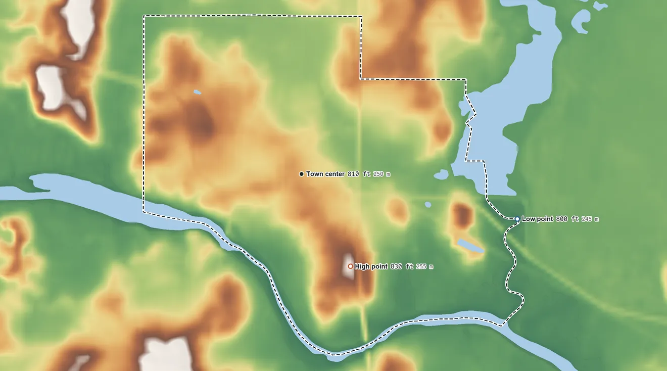 Topographic elevation map of Collins, Wisconsin, shaded from 800 ft on the east side to 830 ft on the southeast side