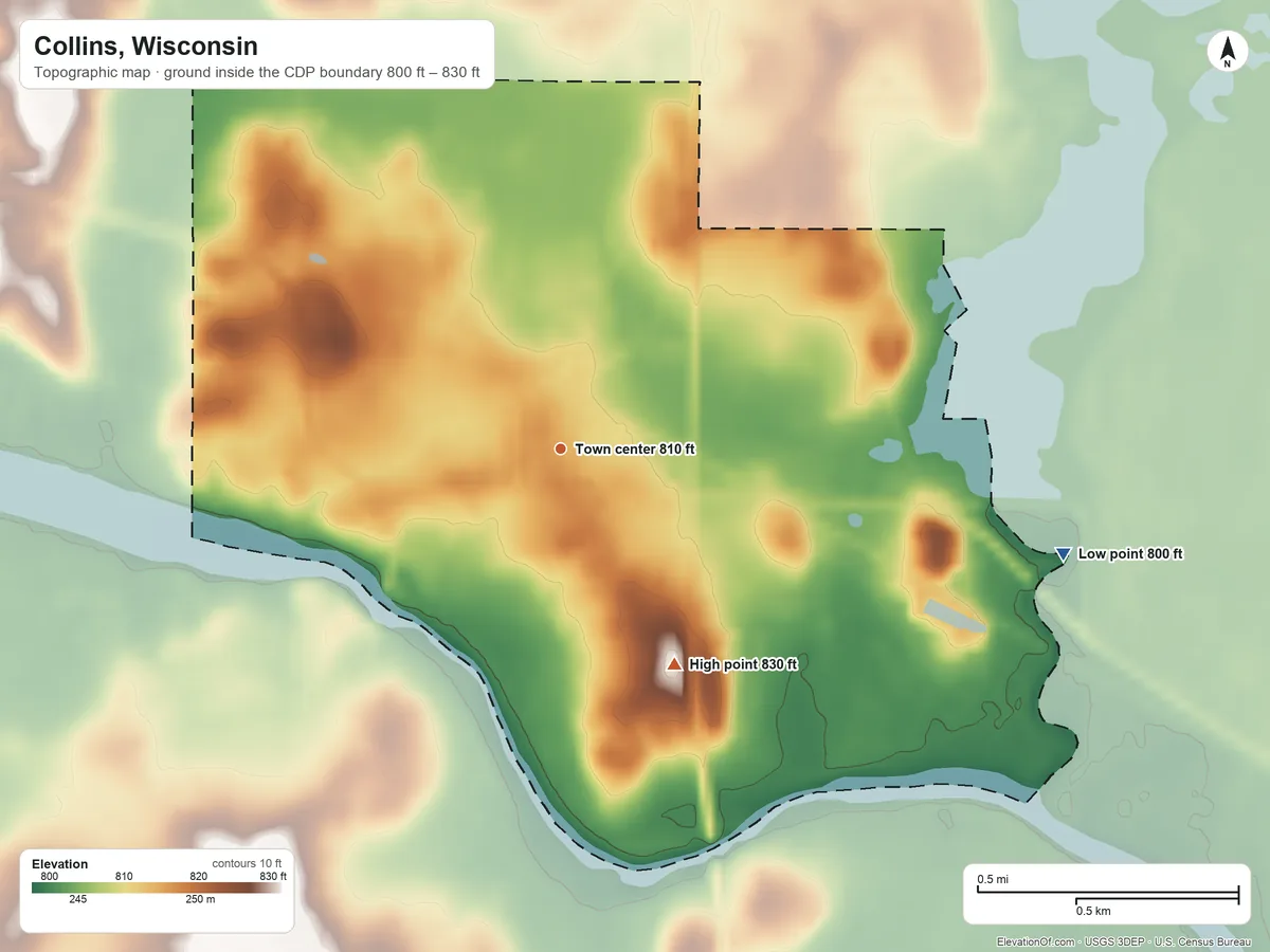 Topographic elevation map of Collins, Wisconsin, shaded from 800 ft on the east side to 830 ft on the southeast side