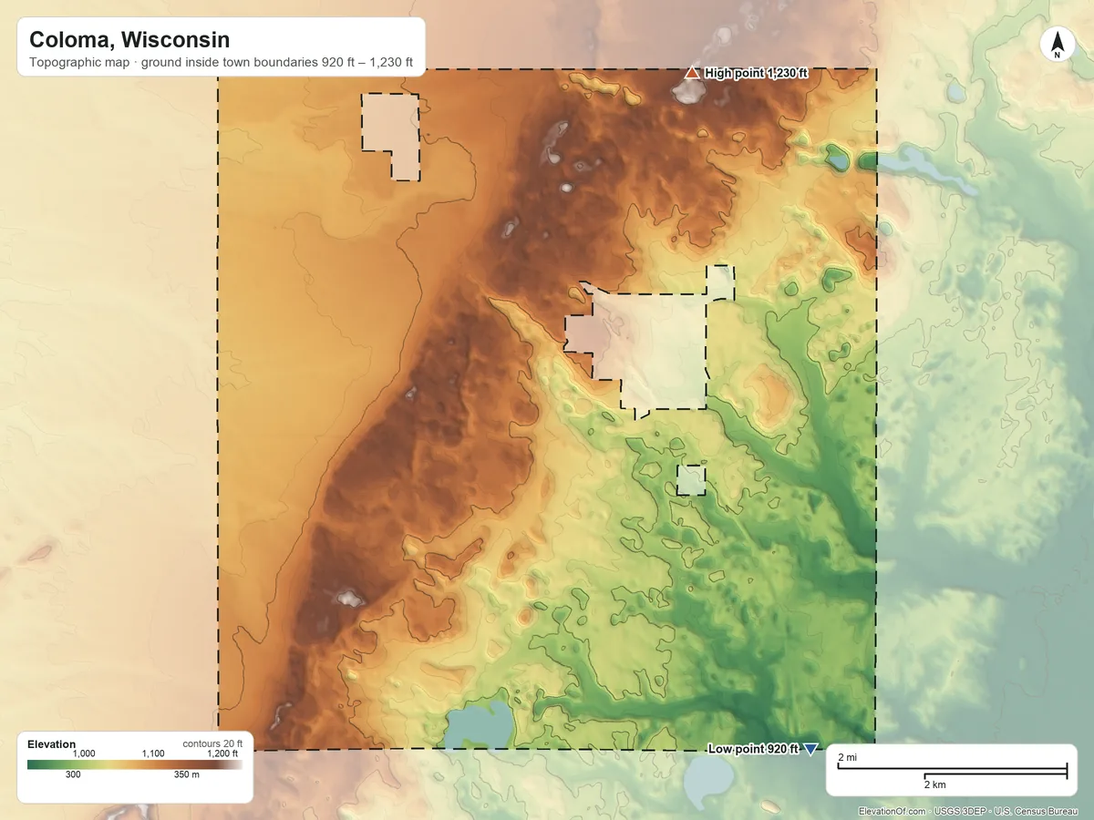 Topographic elevation map of Coloma, Wisconsin, shaded from 920 ft on the southeast side to 1,230 ft on the north side