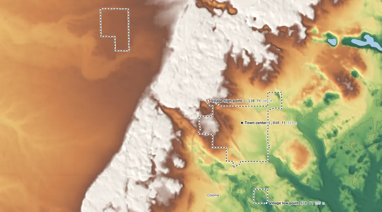 Topographic elevation map of Village of Coloma, Wisconsin, shaded from 970 ft on the south side to 1,130 ft on the northwest side