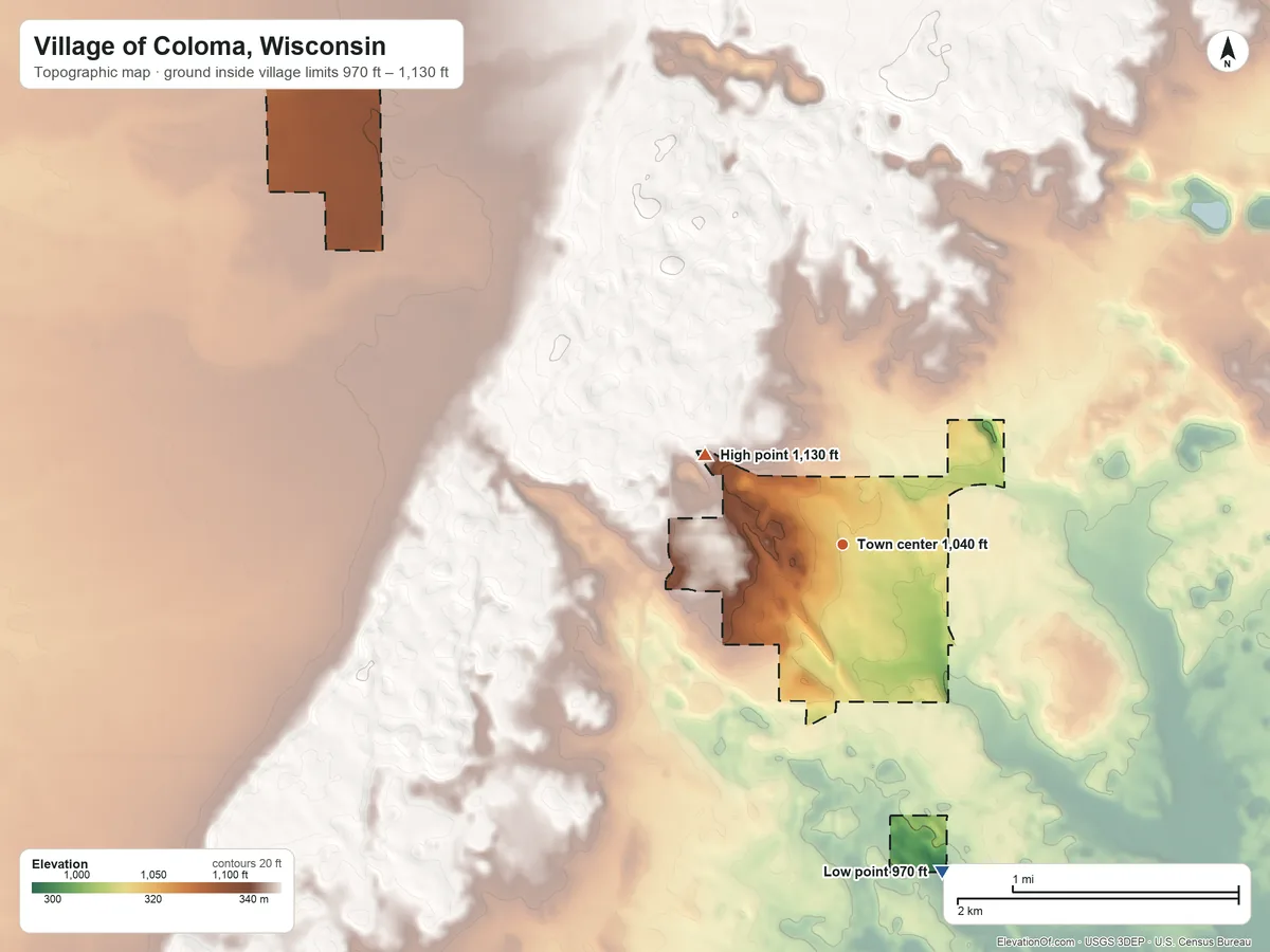 Topographic elevation map of Village of Coloma, Wisconsin, shaded from 970 ft on the south side to 1,130 ft on the northwest side