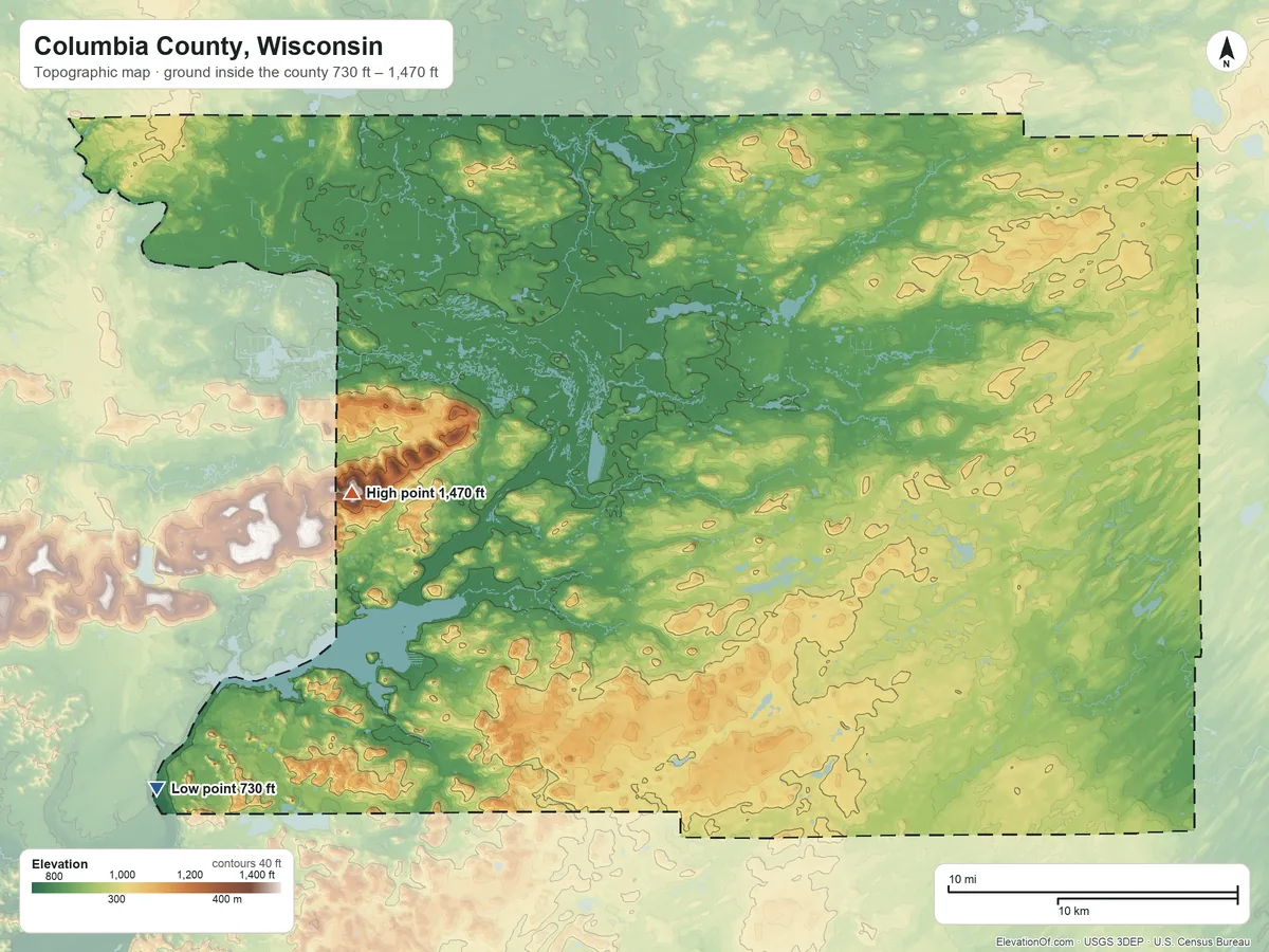 Topographic elevation map of Columbia County, Wisconsin, shaded from 730 ft on the southwest side to 1,470 ft on the west side