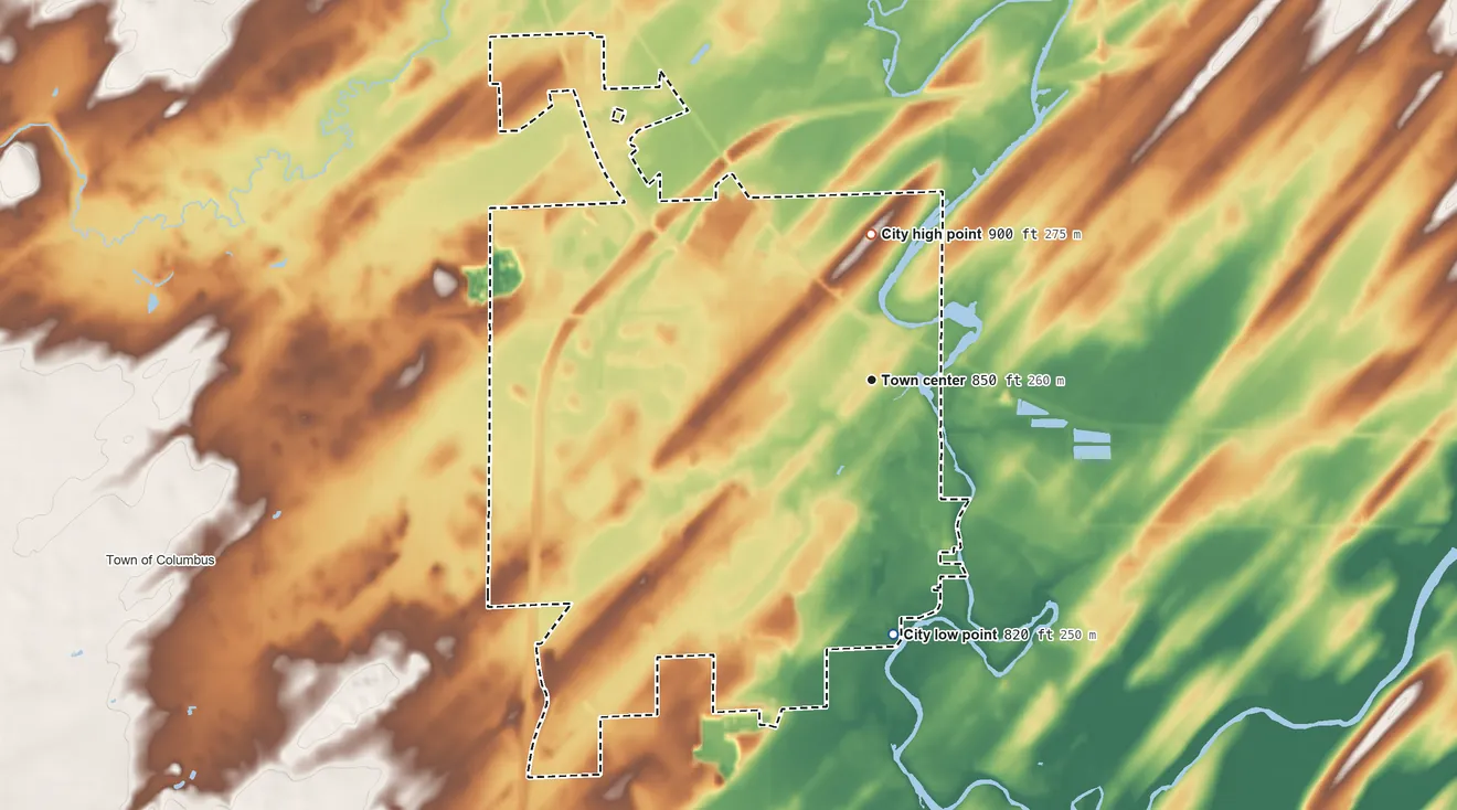 Topographic elevation map of Columbus, Wisconsin, shaded from 820 ft on the south side to 900 ft on the north side