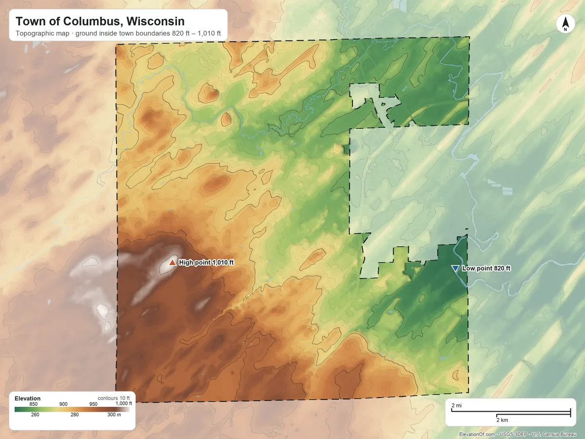 Topographic elevation map of Town of Columbus, Wisconsin, shaded from 820 ft on the east side to 1,010 ft on the southwest side