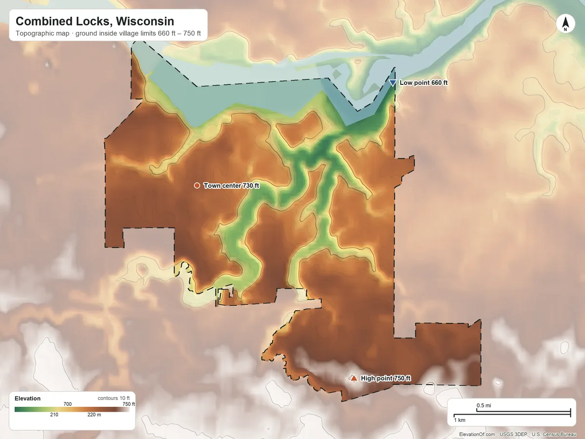Topographic elevation map of Combined Locks, Wisconsin, shaded from 660 ft on the northeast side to 750 ft on the southeast side