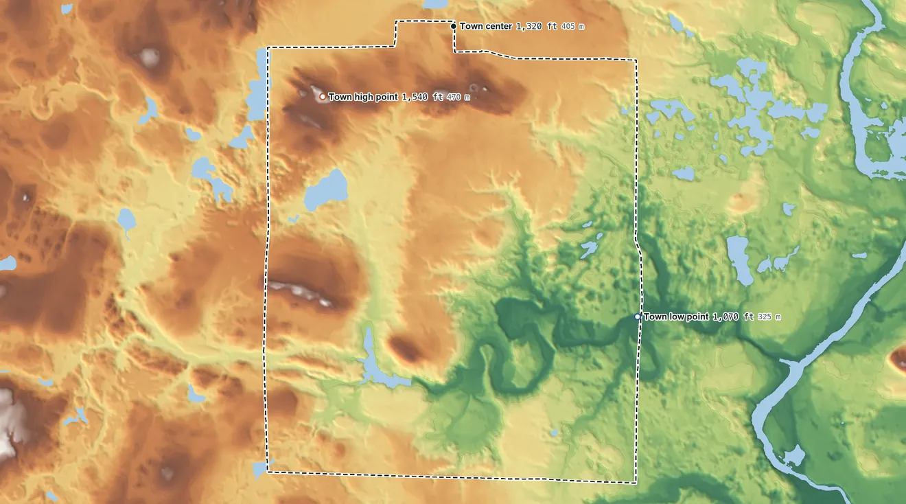Topographic elevation map of Commonwealth, Wisconsin, shaded from 1,070 ft on the southeast side to 1,540 ft on the southwest side